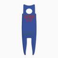 Blue divot tool with 'CUSTOM TEXT' printed on it against a white background