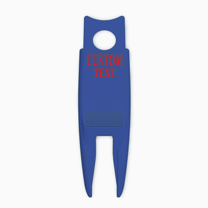 Blue divot tool with 'CUSTOM TEXT' printed on it against a white background